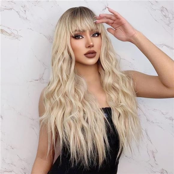 Long Curly Wavy Synthetic Hair Wigs with Bangs for Women Light Golden Mix Blonde